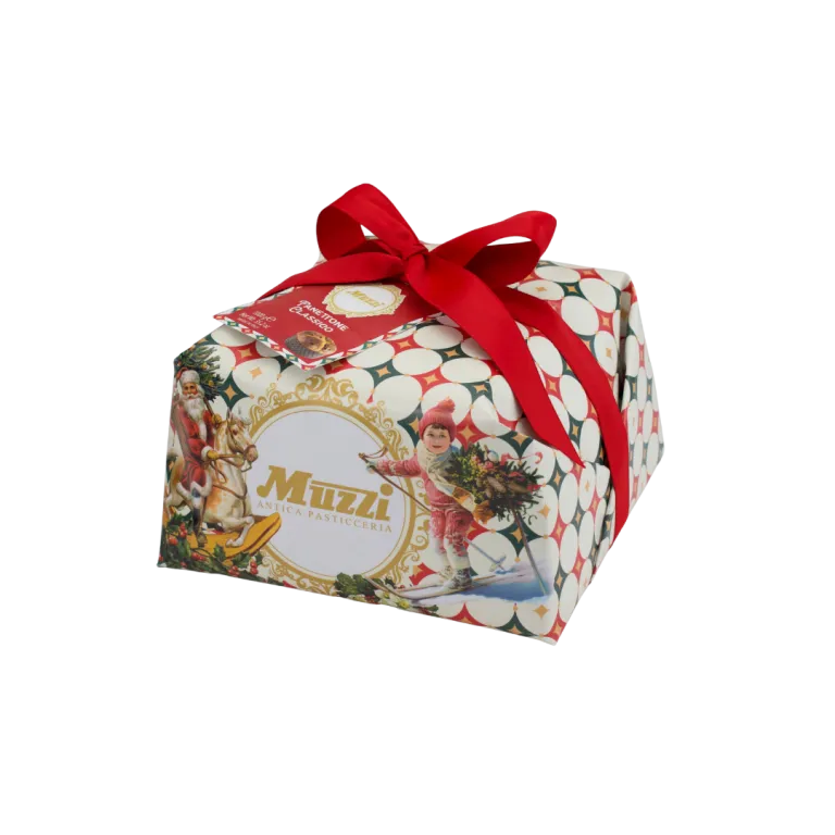 Gift box with a red ribbon featuring the Muzzi brand on a white background