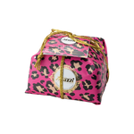 Pink and gold leopard print package with a brand label on a white background
