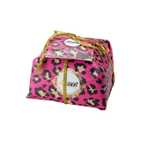 Pink and gold leopard print package with a brand label on a white background