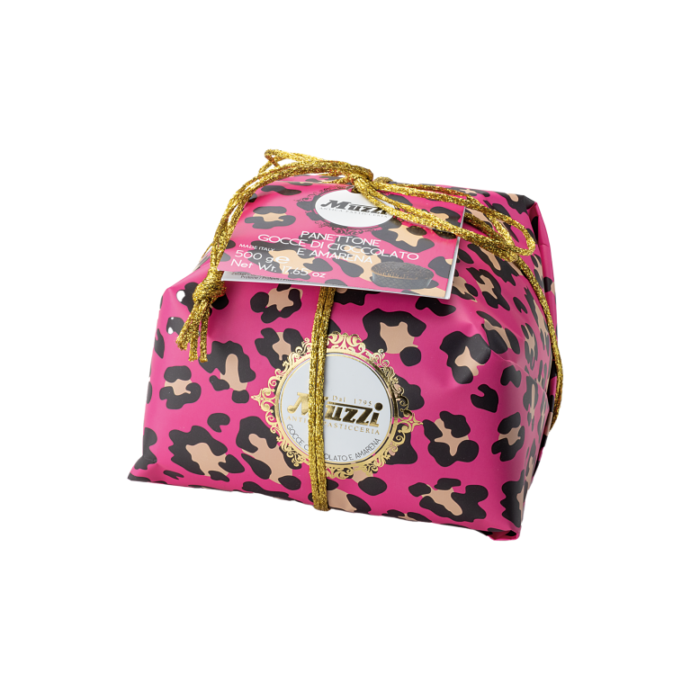 Pink and gold leopard print package with a brand label on a white background