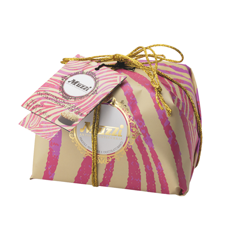 Gift box with pink and gold striped design and 'Muzzi' branding on a white background