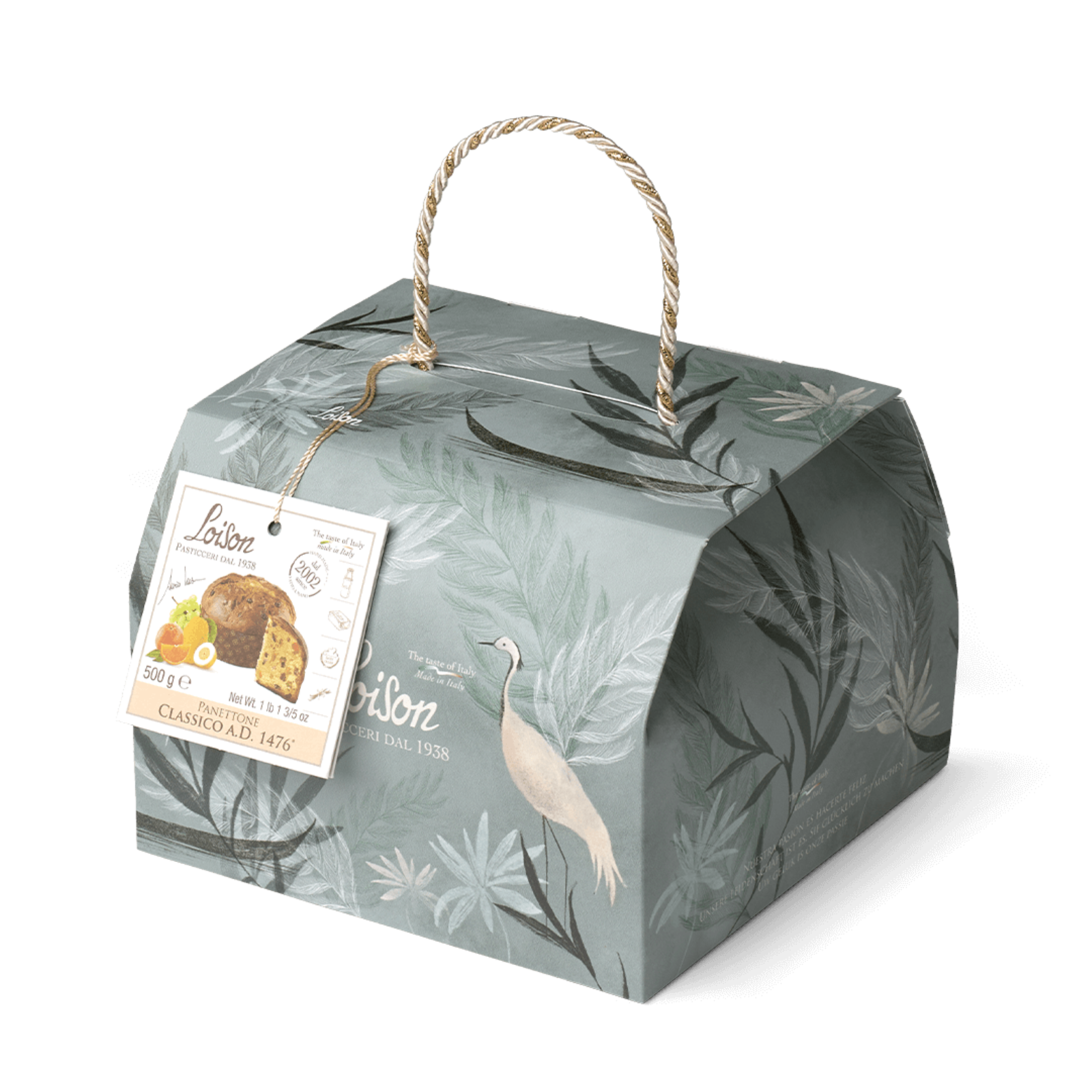 Gift box with bird design and Lison label on a white background