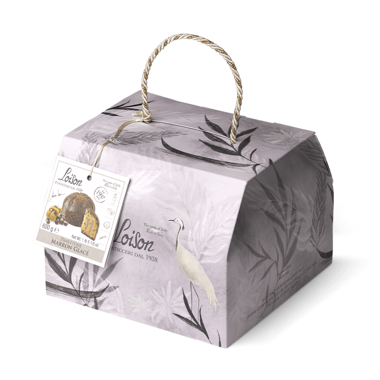 Decorative box with a label featuring nature-themed design on a white background