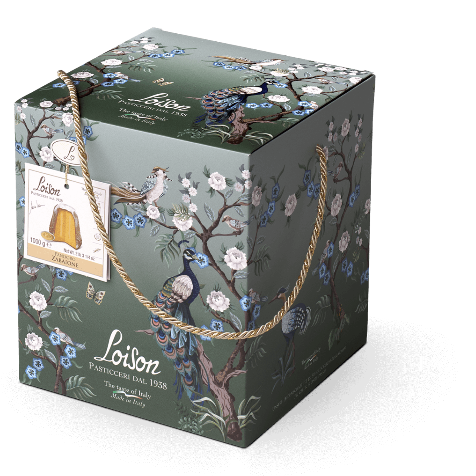 Decorative box with floral and peacock design, featuring the brand 'Loison'.