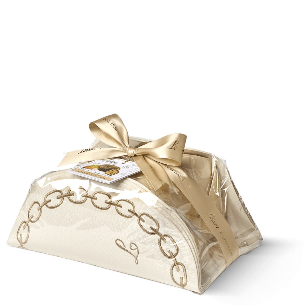 Decorative box with a gold bow and chain design on a white background