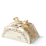 Decorative box with a gold bow and chain design on a white background