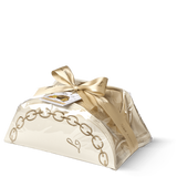 Decorative box with a gold bow and chain design on a white background