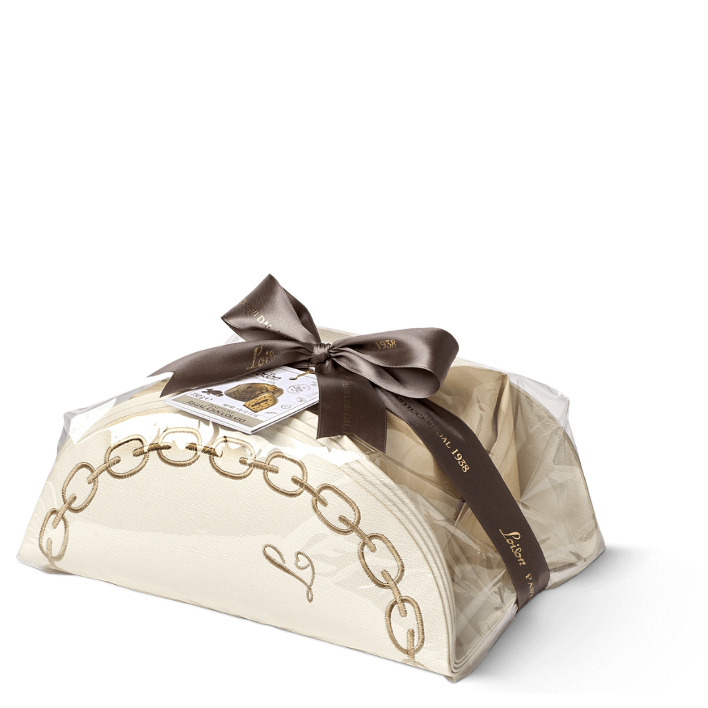 Packaged dessert with a brown ribbon on a white background