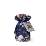 Navy blue gift bag with floral and animal designs, tied with a ribbon, on a white background.