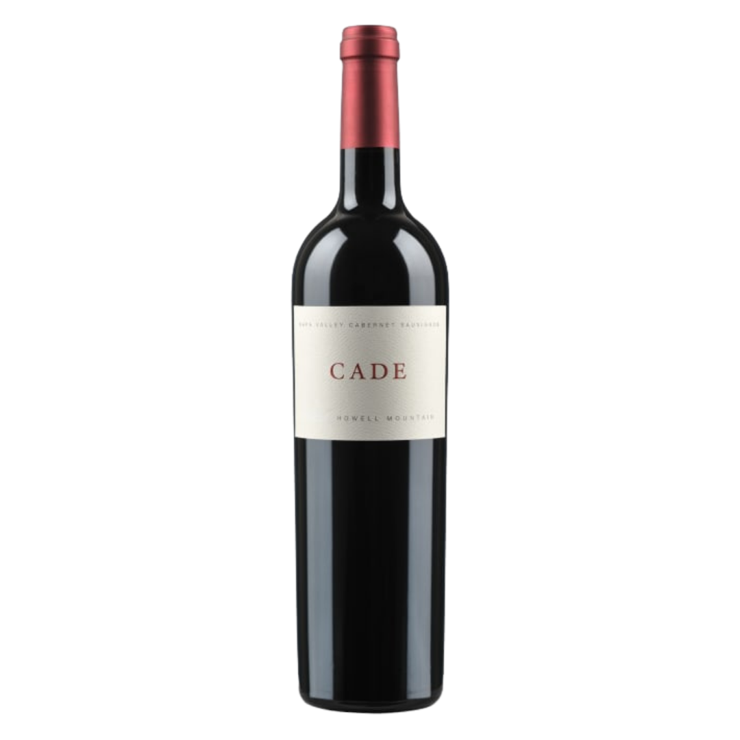 A bottle of CADE Howell Mountain Estate Cabernet Sauvignon with a dark glass body, a cream label reading “CADE,” and a red foil capsule, set against a black background.