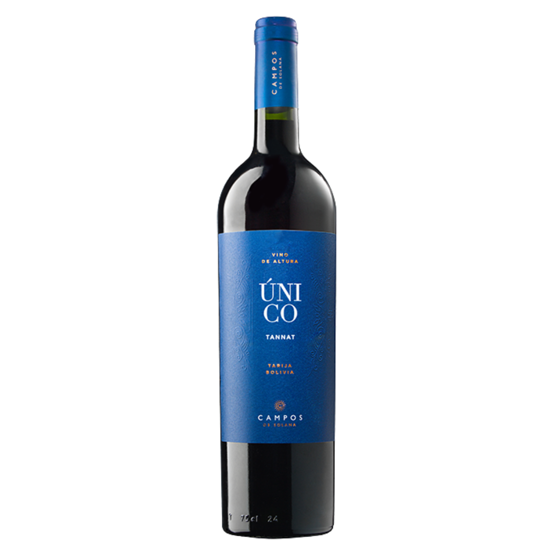 A bottle of Campos de Solana Único Reserva Tannat with a dark glass body and a bold blue label featuring the word “Único” and Tannat, from Tarija, Bolivia, set against a black background.