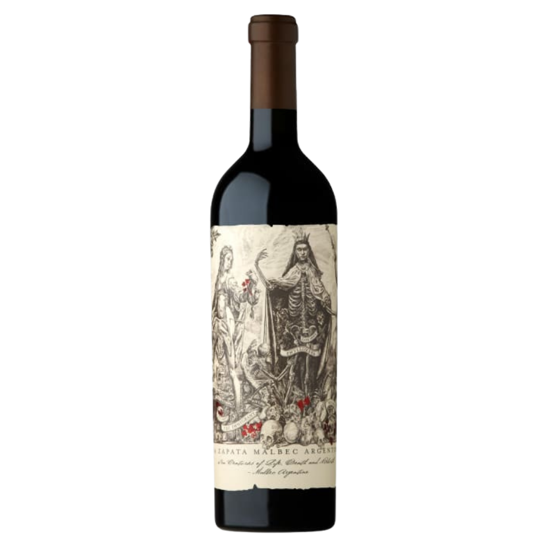 A bottle of Catena Zapata Argentino Vineyard Malbec with a dark glass body and an illustrated cream label featuring detailed historical-style artwork, set against a black background.