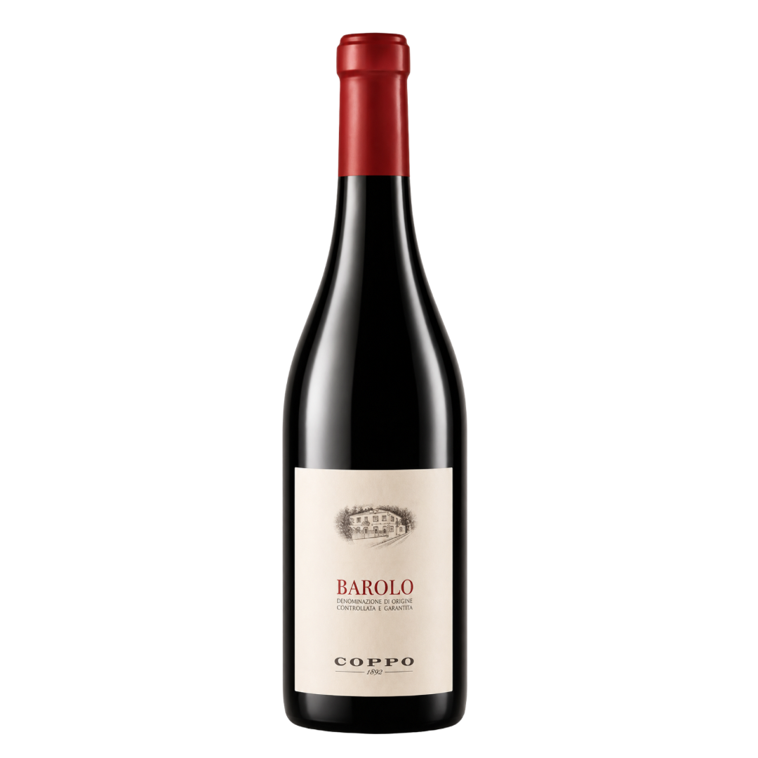 Red wine bottle with a white label on a white background