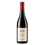 Red wine bottle with a white label on a white background