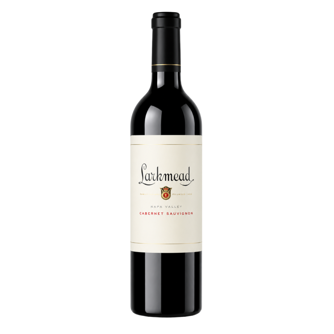 A bottle of Larkmead Napa Valley Cabernet Sauvignon with a dark glass body and a minimalist cream label featuring the Larkmead name and crest, set against a light background.
