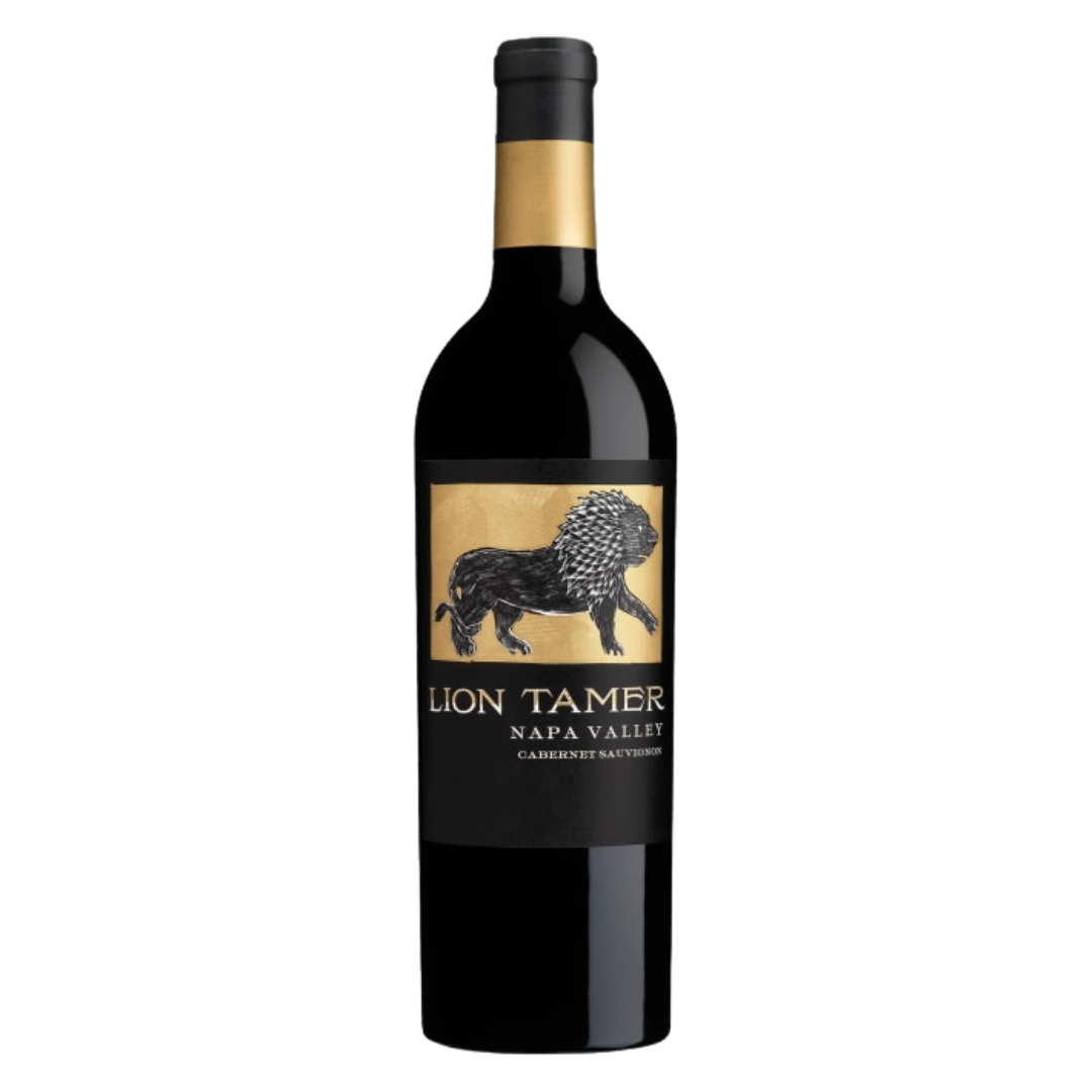 A bottle of Lion Tamer Napa Valley Cabernet Sauvignon with a dark glass body and a black and gold label featuring a lion illustration, set against a black background.