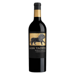 A bottle of Lion Tamer Napa Valley Cabernet Sauvignon with a dark glass body and a black and gold label featuring a lion illustration, set against a black background.