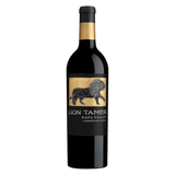 A bottle of Lion Tamer Napa Valley Cabernet Sauvignon with a dark glass body and a black and gold label featuring a lion illustration, set against a black background.