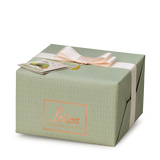 Green gift box with a pink ribbon and card on a white background