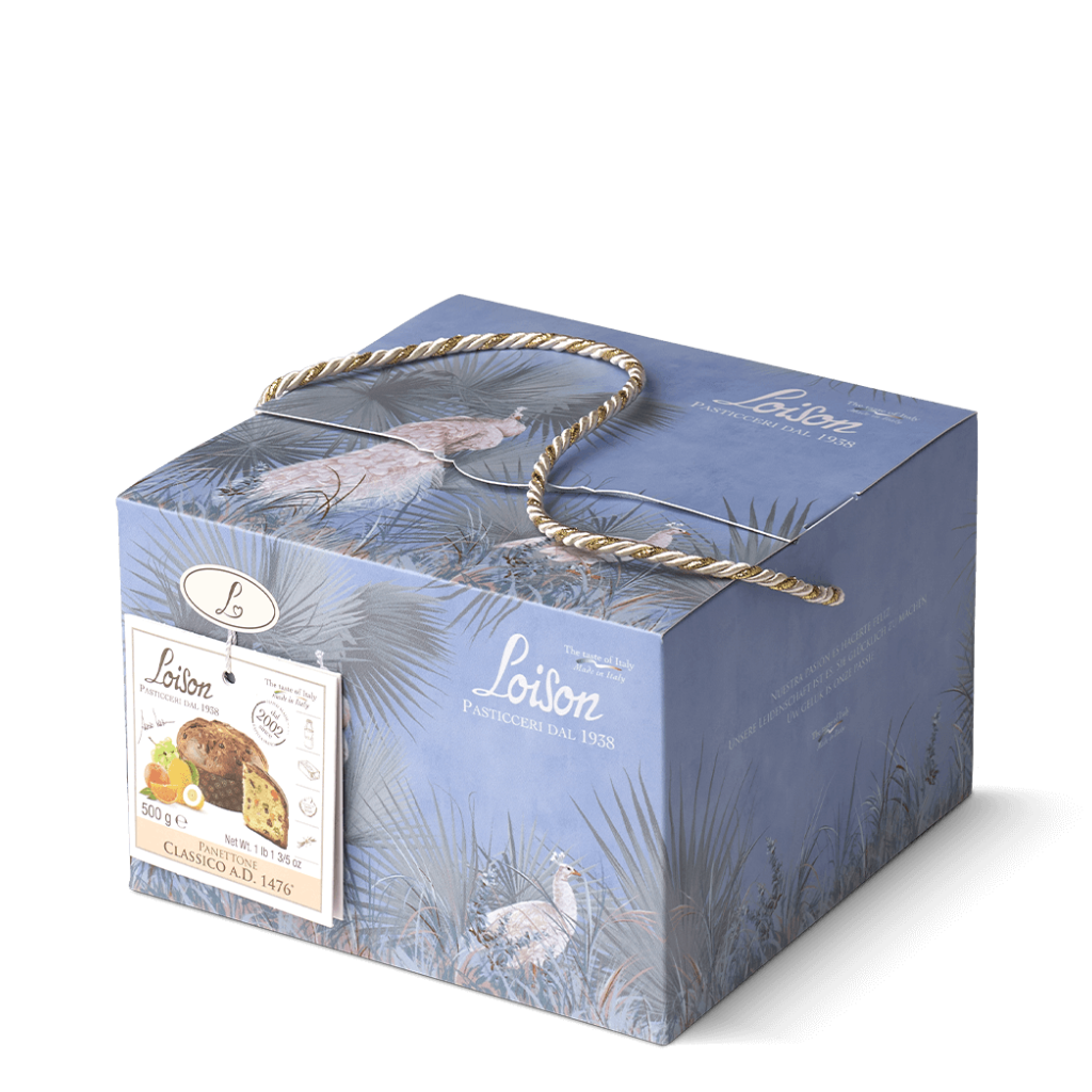 Blue gift box with decorative elements on a white background - Loison Pasticceri Dal 1938 - Magia Edition