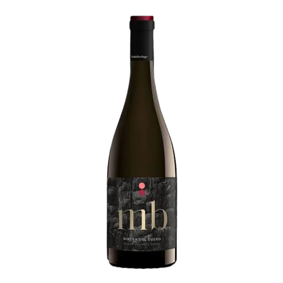 A bottle of Martín Berdugo MB Ribera del Duero wine with a dark glass body and a black textured label featuring the letters “mb,” set against a black background.