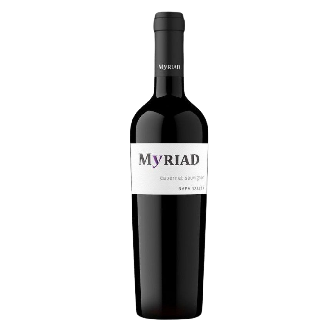A bottle of Myriad Napa Valley Cabernet Sauvignon with a dark glass body and a minimalist white label featuring the Myriad name, set against a black background.