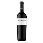 A bottle of Myriad Napa Valley Cabernet Sauvignon with a dark glass body and a minimalist white label featuring the Myriad name, set against a black background.