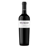 A bottle of Myriad Napa Valley Cabernet Sauvignon with a dark glass body and a minimalist white label featuring the Myriad name, set against a black background.