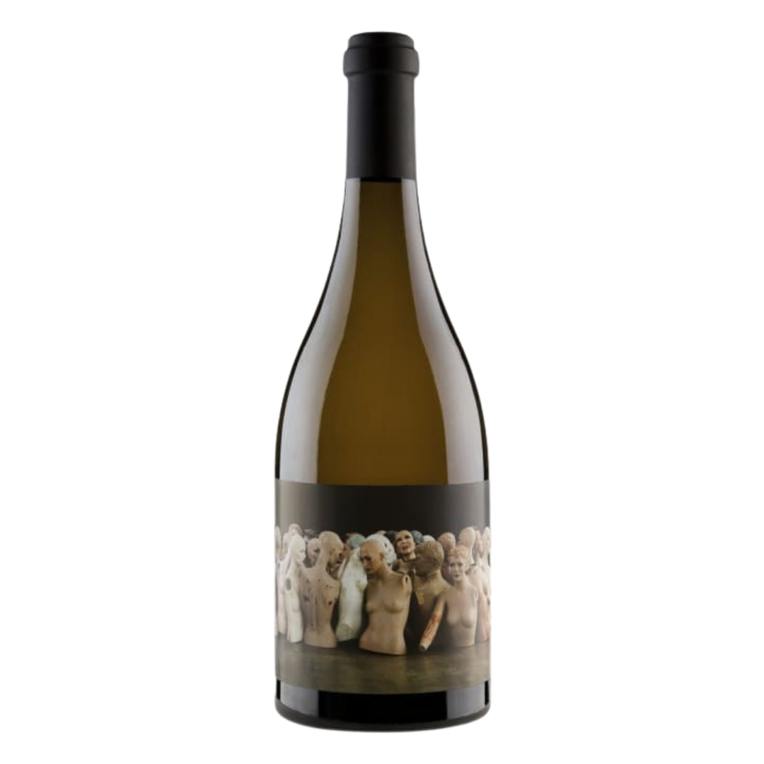 A bottle of Orin Swift Mannequin Chardonnay 2022 dark label and black foil cap. 