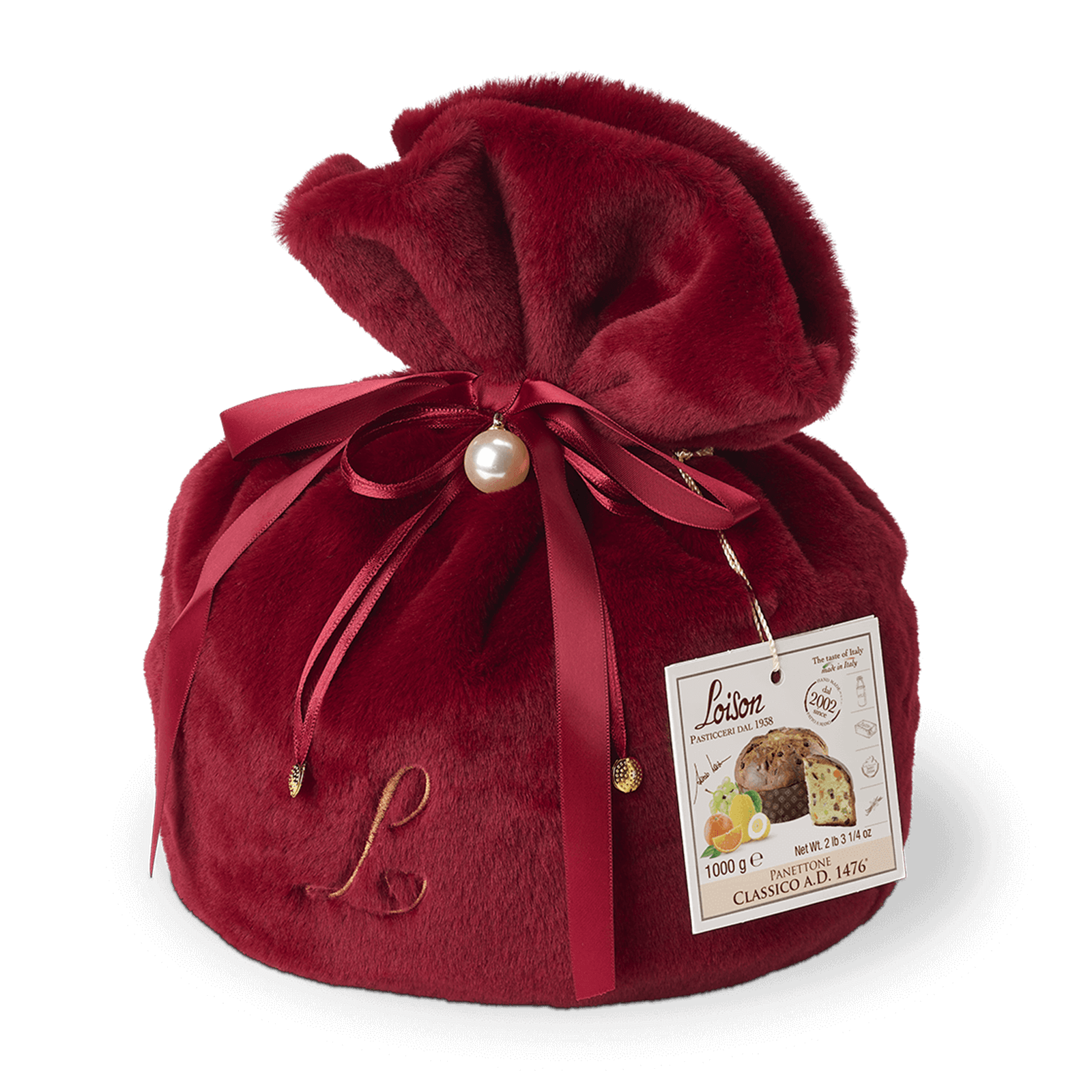 Red velvet bag with a pearl bow and a label on a black background