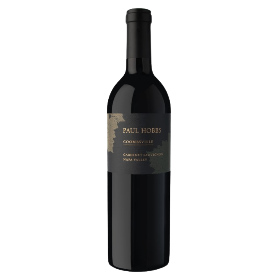 A bottle of Paul Hobbs Coombsville Cabernet Sauvignon with a dark glass body and a black label featuring gold lettering, set against a black background.