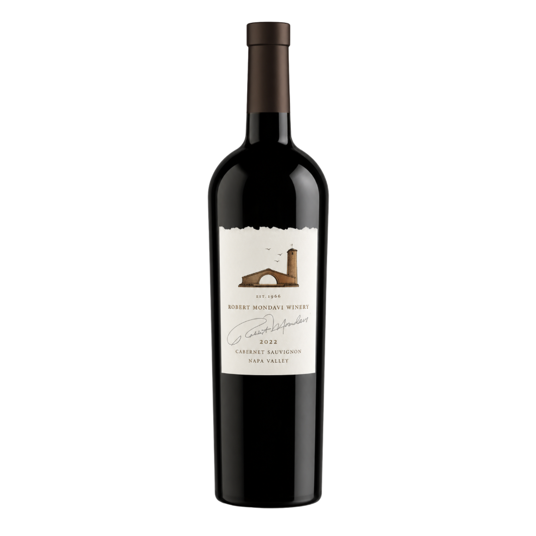 A bottle of Robert Mondavi Napa Valley Cabernet Sauvignon 2022 with a dark glass body and a cream label featuring a winery illustration, signature, and vintage year, set against a black background.