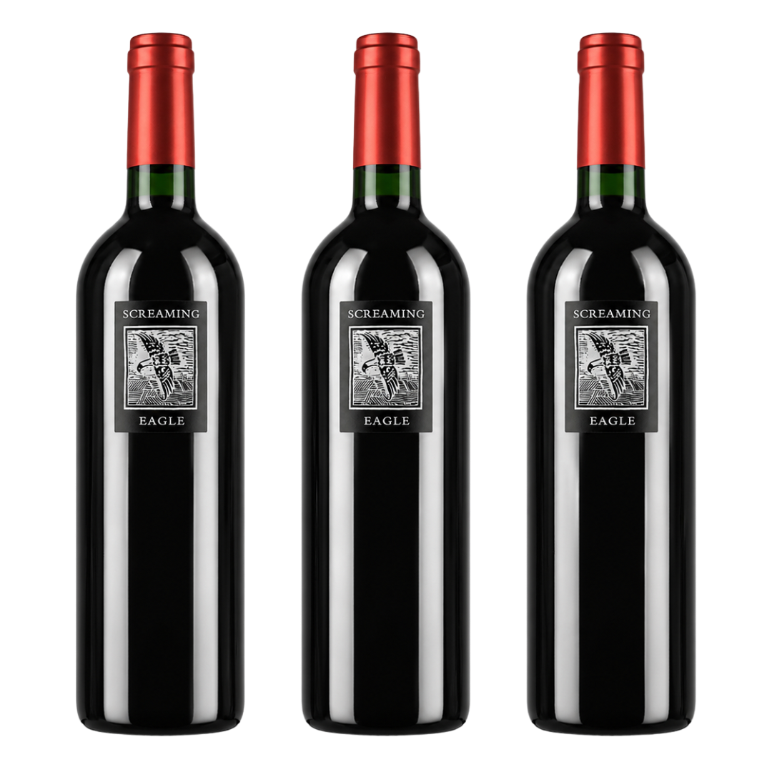 Three bottles of Screaming Eagle Cabernet Sauvignon with dark glass bodies, black labels featuring an eagle illustration, and red foil capsules, displayed against a black background.