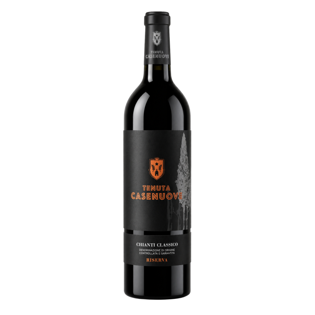 A bottle of Tenuta Casenuove Chianti Classico with a dark label. 