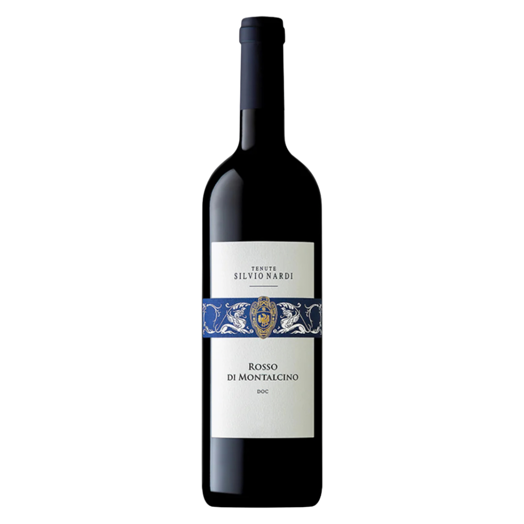 A bottle of Tenute Silvio Nardi Rosso di Montalcino 2022 with a white label and blue foil capsule. 