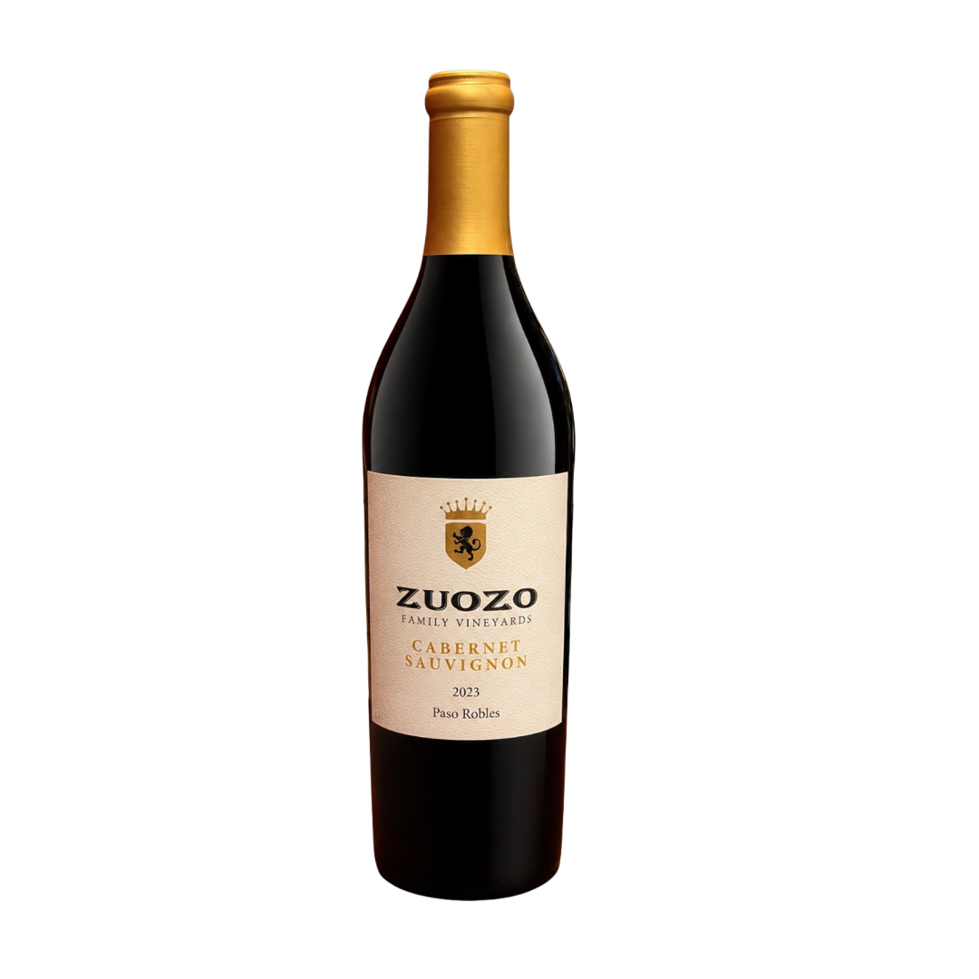 A bottle of Zuozo Family Vineyards Cabernet Sauvignon (2023) from Paso Robles with a cream label and gold foil top.