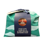 Green gift bag with a blue ribbon and Fiasconaro label on a white background