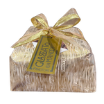 Packaged Panettone with gold ribbon and tag on a white background