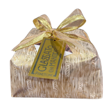 Packaged Panettone with gold ribbon and tag on a white background