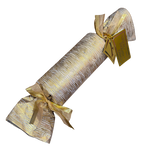 Decorative cracker with gold ribbon and tag on a white background