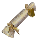 Decorative cracker with gold ribbon and tag on a white background
