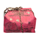 Pink panettone packaging with decorative string on a white background
