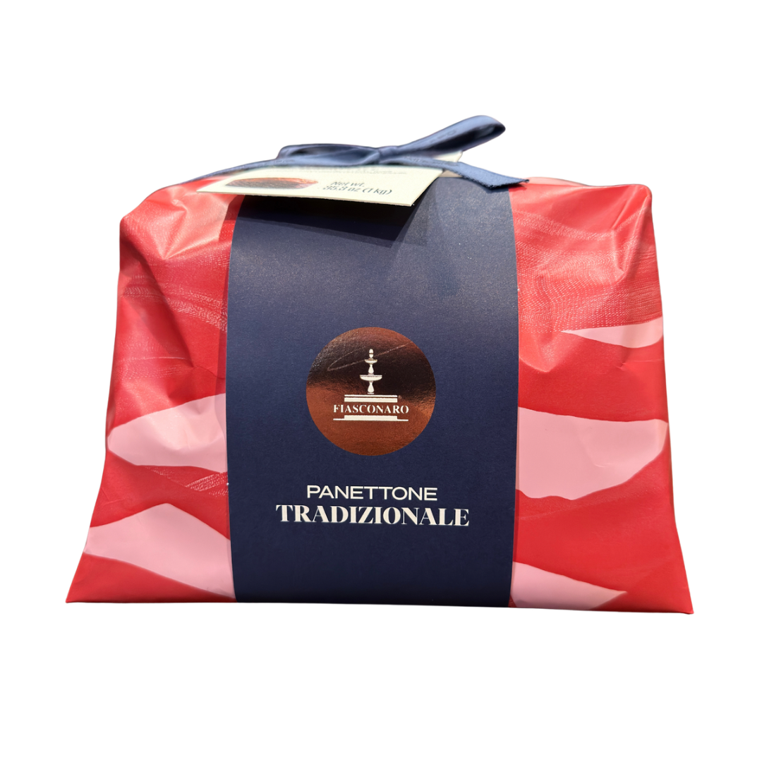 Panettone Tradizionale packaging with a red and blue design on a white background
