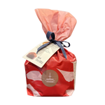 Gift bag with a red base and pink top, tied with a blue ribbon, on a white background.