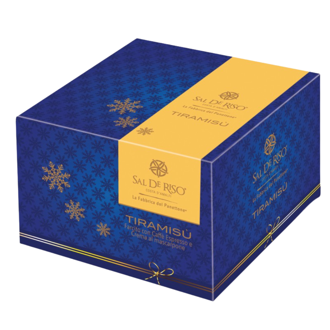 Blue and yellow box of Sal di Riso Tiramisu on a white background