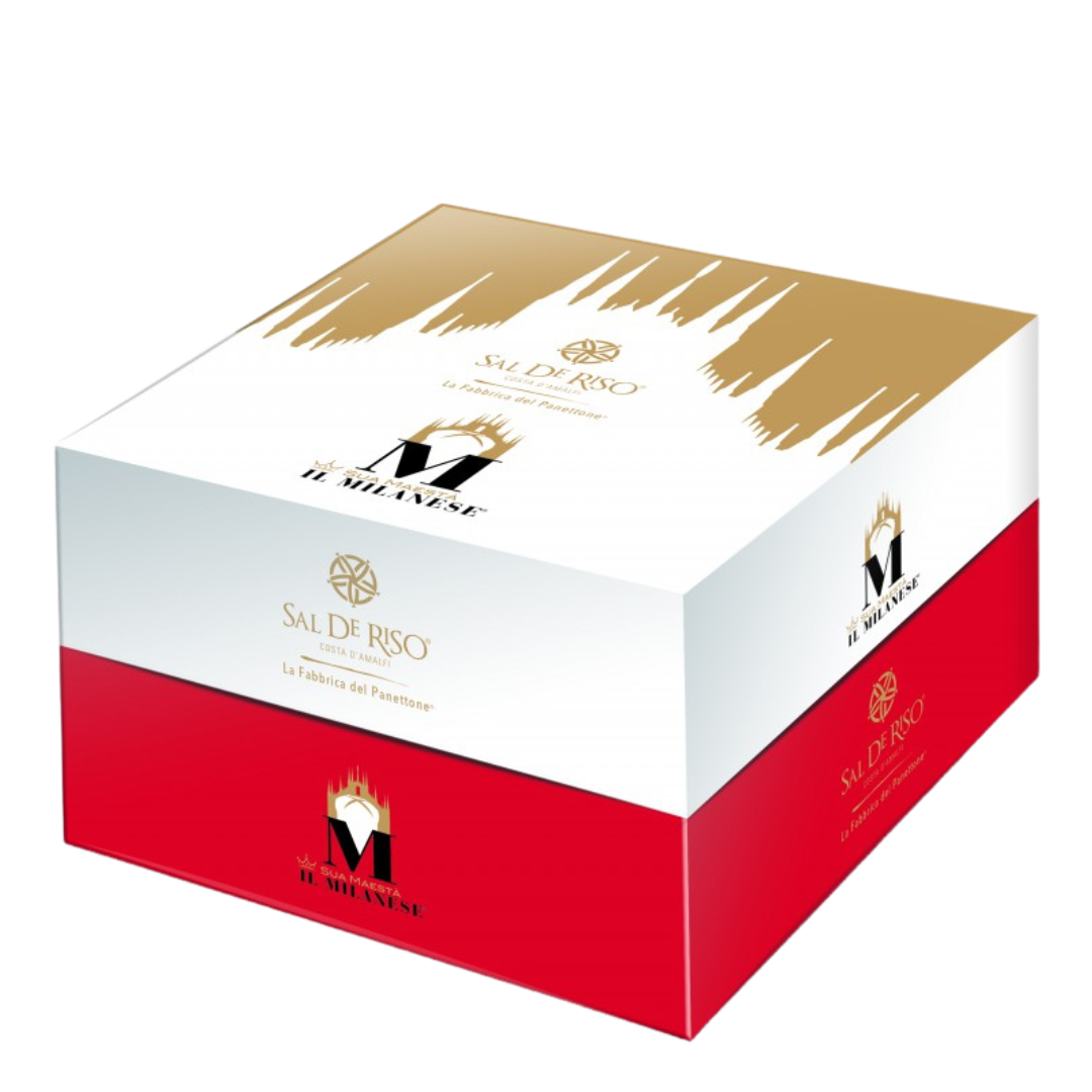 packaging box with gold, white, and red design on a white background