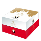 packaging box with gold, white, and red design on a white background