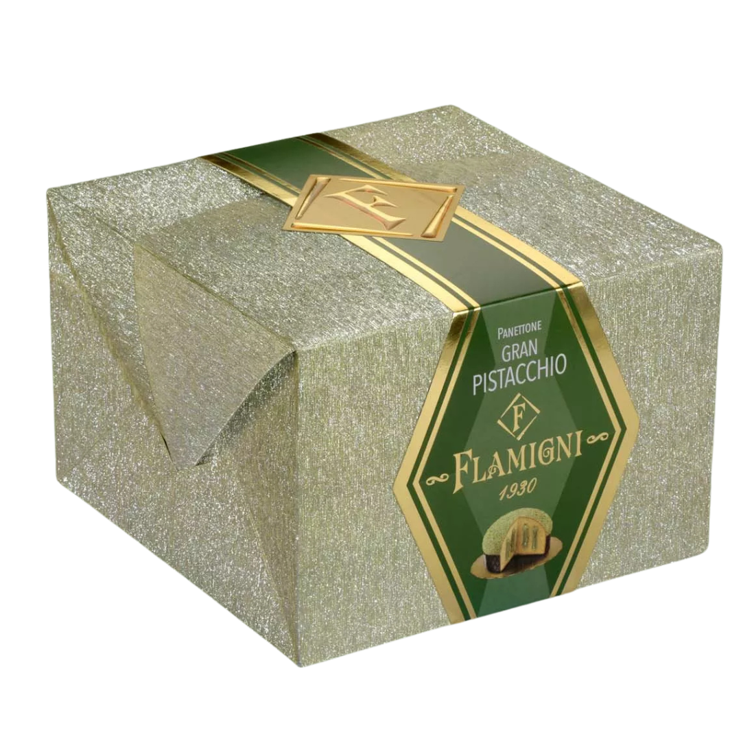 Decorative box with a green label featuring the Flamigni brand on a white background