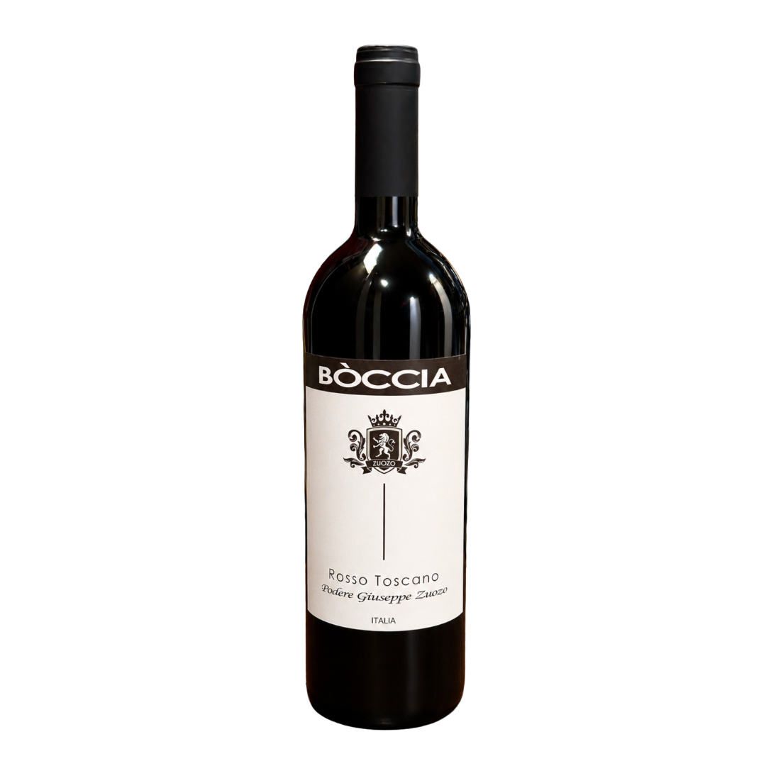 A bottle of Boccia Rosso Toscano wine with a whit elable and black cap foil. 