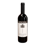 A bottle of Boccia Rosso Toscano wine with a whit elable and black cap foil. 